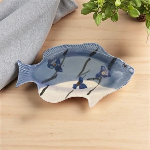 Vintage Kent Follette Signed Art Pottery Fish Floral Hand Painted 12x6” Dish - Picture 6 of 6